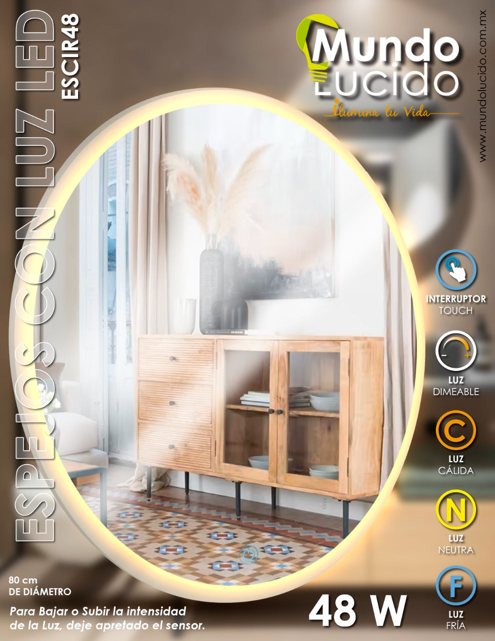 Espejo LED Ovalado 48W Marco Esmerilado Regulable IP65 — imagen 1